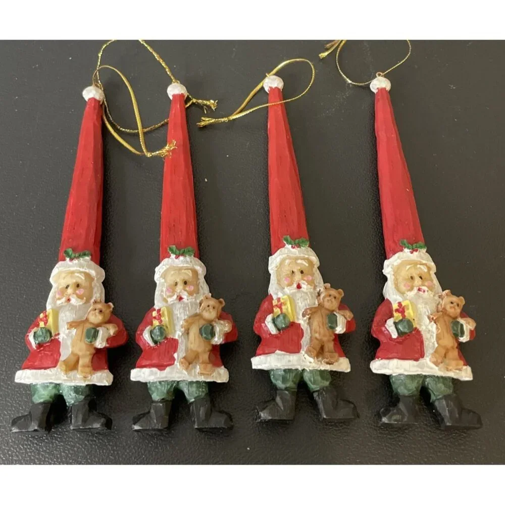 Ganz Resin‎ Santas Christmas Ornaments Long Spiral Hat Teddy Bear Set Of 4